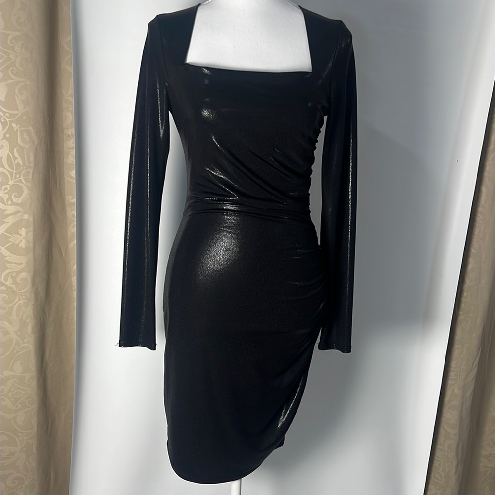 Black Ruched Square Neck Cocktail Dress